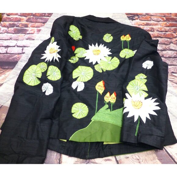 Handcrafted Tunic Nights Black Silk Jacket With Embroidered Lotus Flowers & Gree - Picture 8 of 11